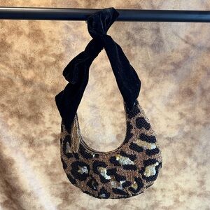 Beaded Leopard Print Crescent Shoulder Bag with Black Velvet Tie